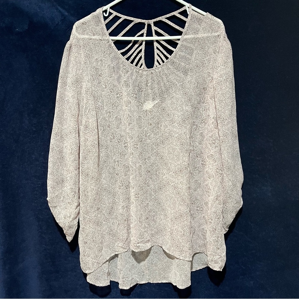 Rush Womens Plus Size 3X Sheer Top Round Neck Boho Cottage Core Gray Purple